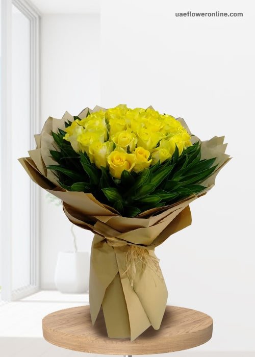 30 Yellow Rose Bouquet With Green Leafs