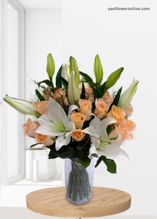 2 Stem White Lily 20 Stem Peach Rose With Glass Vase