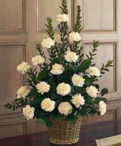 Basket Of 18 White Carnation With Green Lives