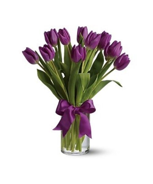 10 Stem Purple Tulip With Glass Vase