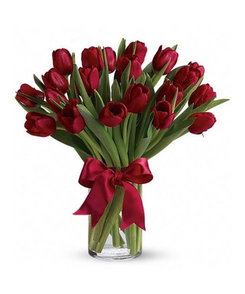 20 Stem Red Tulip With Glass Vase