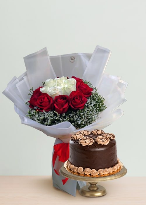 White And Red Rose Bouquet With Chocolate Cake