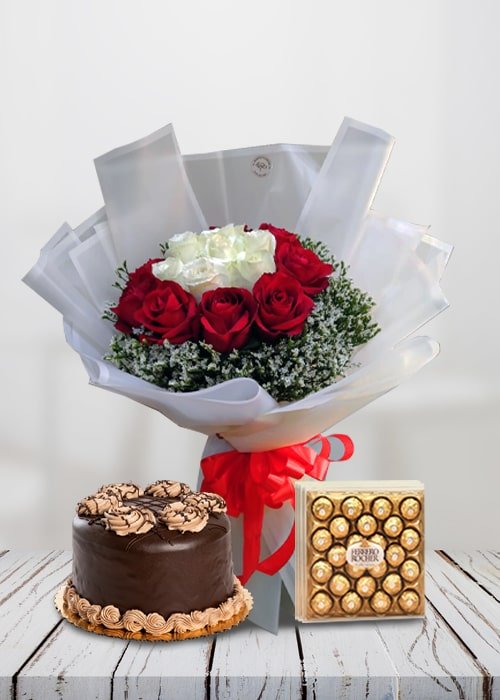 White And Red Rose Bouquet With Cake Combo