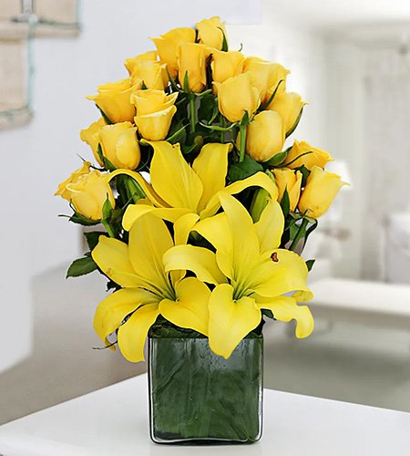 Yellow Roses & Asiatic Lilies Vase Arrangement