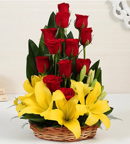 Asiatic Lilies & Red Roses Cane Basket Arrangement