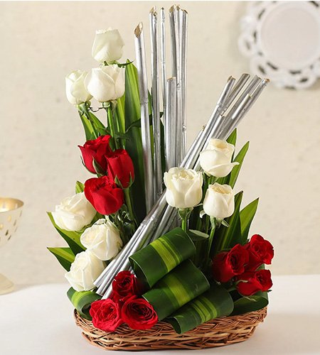 Red & White Roses Basket Arrangement