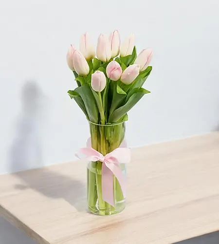 Graceful 10 Pink Tulips in a Stylish Round Vase