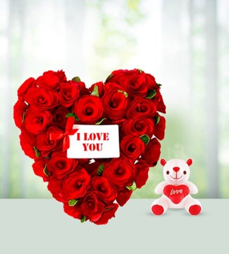Elegant Heart Shape Arrangement With Teddy