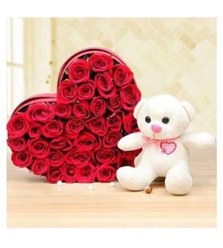 Stunning Heart Shape Arrangement With Nice Teddy