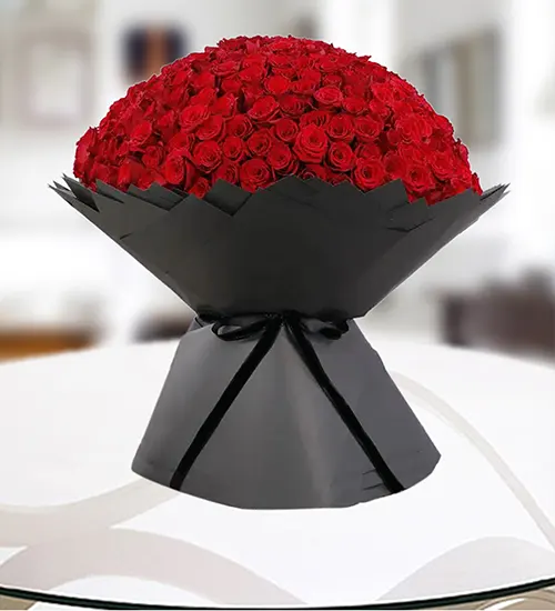 Glamorous 150 Red Roses Bouquet with Black Wrapping