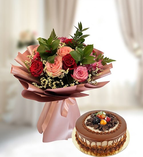 Dazzling Flower Bouquet With Chocolate Cake