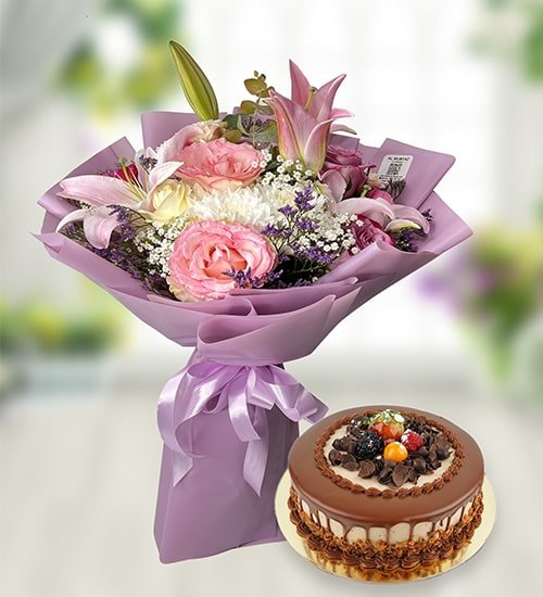 Elegant Pink Lily And Rose Bouquet With Cake Combo