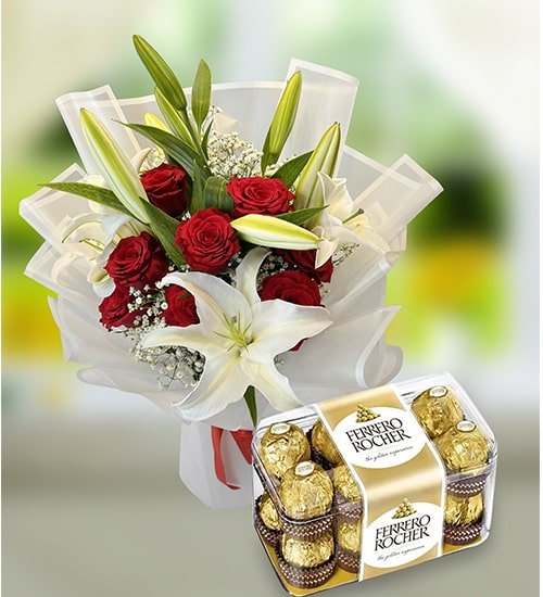 Beauteous Red Rose And Lily Bouquet
