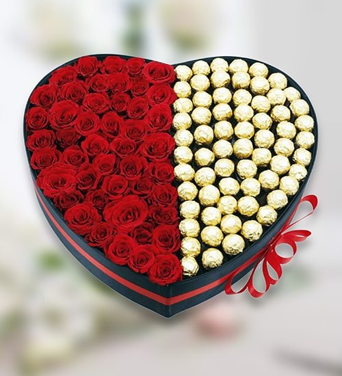Beckoning Chocolates And Flower Heart Shape Box