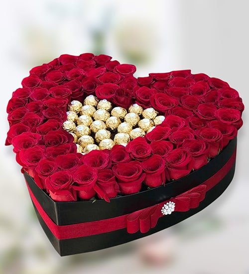 Graceful Rose & Chocolate Heart Shape Box Arrangement