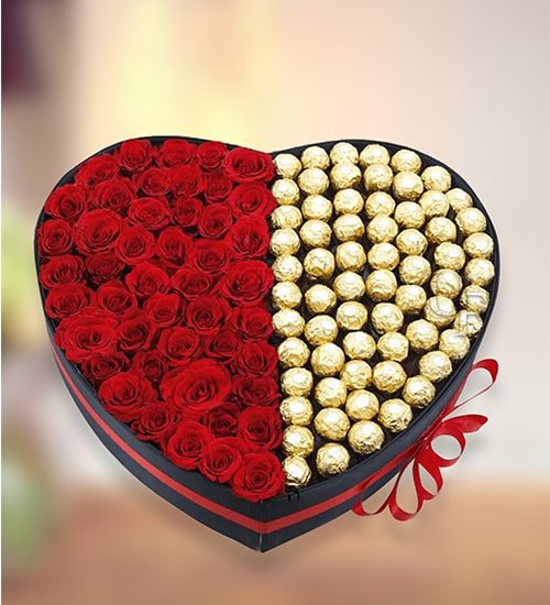 Pretty Roses And Chocolate Heart Shape Box Arrangement