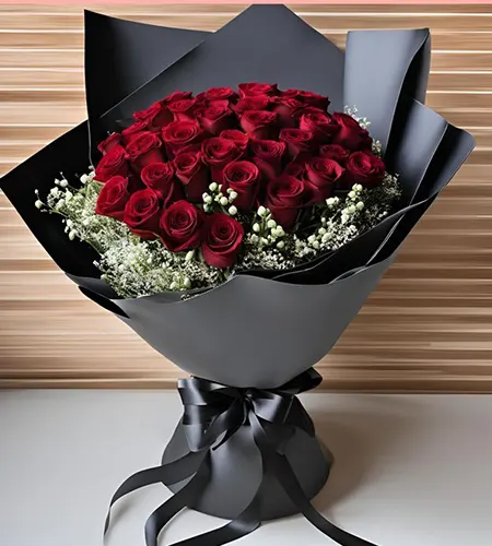 35 Red Roses Valentine's Bouquet with Elegant Black Wrapping