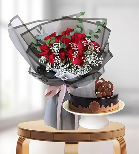 15 Red Rose Valentines Bouquet with 1.2 Pound Chocolate Cake
