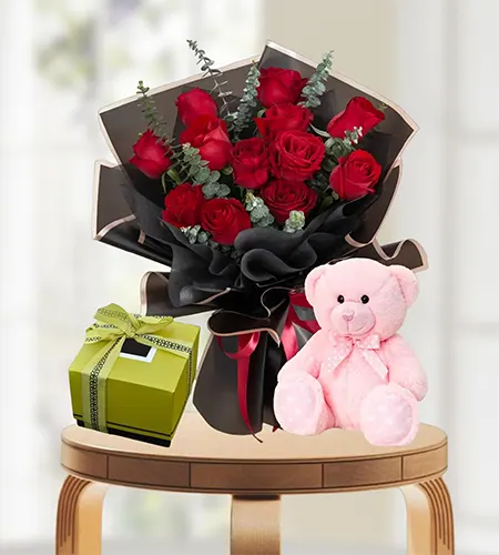 Valentines 12 Red Rose Bouquet with Patchi Chocolates & Teddy
