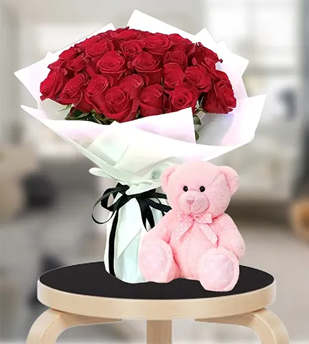 25 Red Roses Bouquet with Teddy Bear – The Perfect Valentine Gift