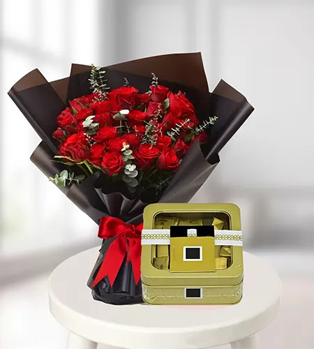 25 Red Roses Bouquet with 250g Patchi Chocolate – Valentine's Special