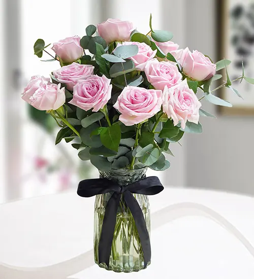 15 Pink Roses Glass Vase Arrangement