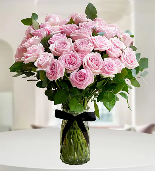 30 Pink Roses Glass Vase Arrangement