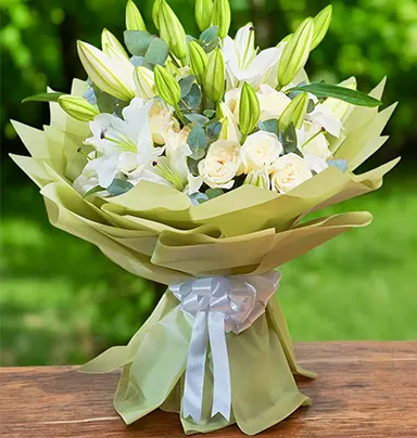 Elegant White Roses & White Lilies Bouquet