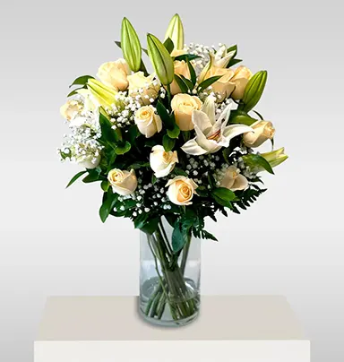 Premium White Rose & White Lily Vase Arrangem...