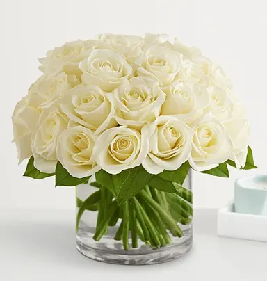 25 White Roses in Premium Glass Vase – Eleg...