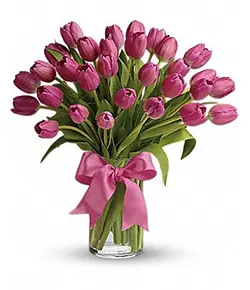 25 Stem Tulip Pink With Glass Vase