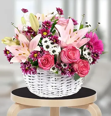 Handle Basket Mix Of Red Flowers
