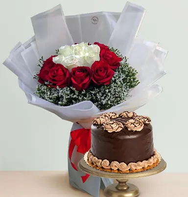 White And Red Rose Bouquet With Chocolate Cak...