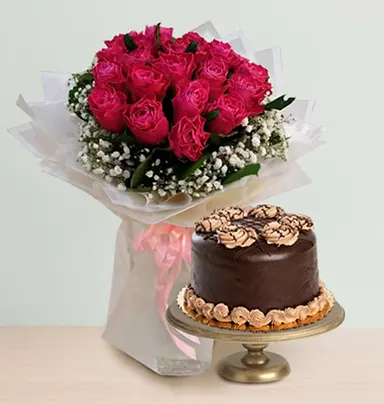 10 Pink Rose Bouquet With Chocolate Cake