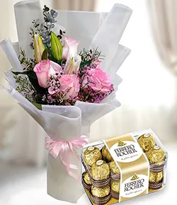 Pink Lily And Pink Rose Bouquet With Ferrero ...