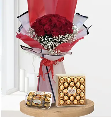 Romantic 12 Red Rose Bouquet With Ferrero Roc...