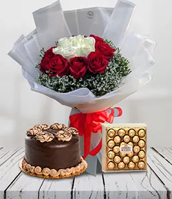 White And Red Rose Bouquet With Cake Combo