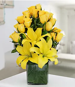 Yellow Roses & Asiatic Lilies Vase Arrangemen...