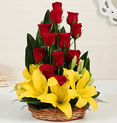 Asiatic Lilies & Red Roses Cane Basket Arrang...