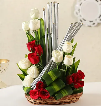 Red & White Roses Basket Arrangement