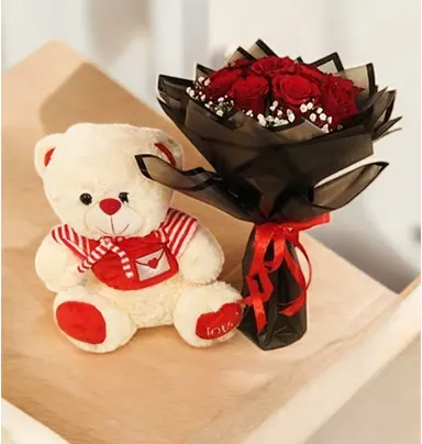 Red Rose With Soft Teddy Bear