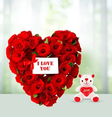 Elegant Heart Shape Arrangement With Teddy