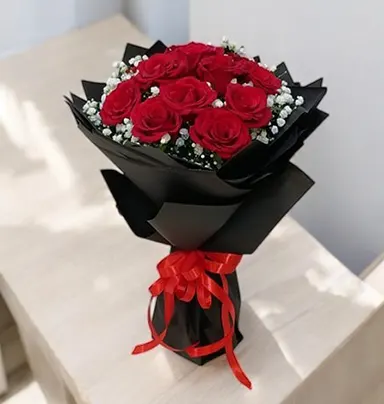 Elegant Red Roses Bouquet - 15 Pieces