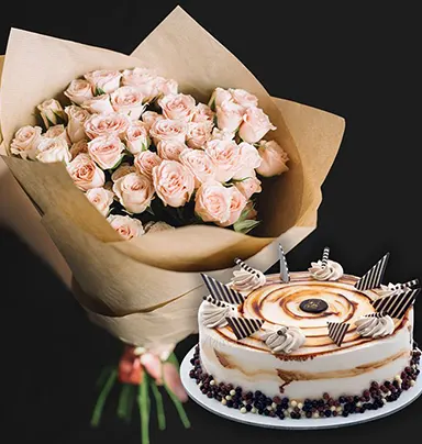 Pink Roses With Cake Combo