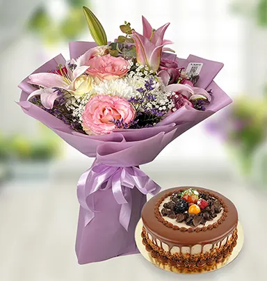 Elegant Pink Lily And Rose Bouquet With Cake ...