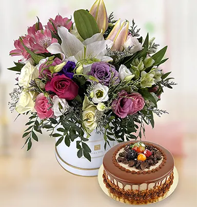 Marvelous Mix Flower Box With Chocolate Cake