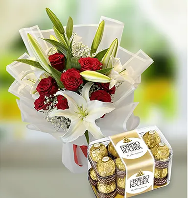 Beauteous Red Rose And Lily Bouquet