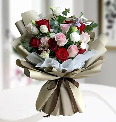 Elegant White, Pink, And Red Rose Bouquet