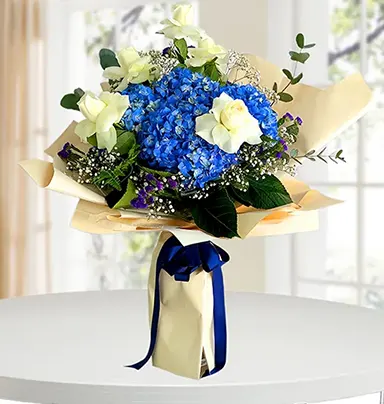 Glorious Blue Hydrangea & Rose Bouquet