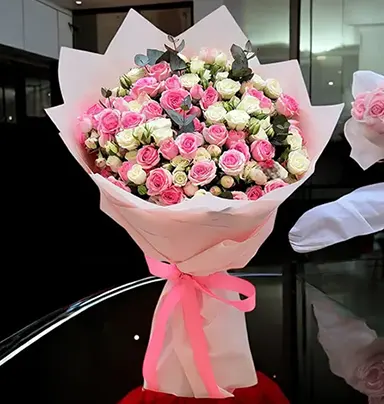 Pink & White Roses Bouquet - 50 Stems with Pi...